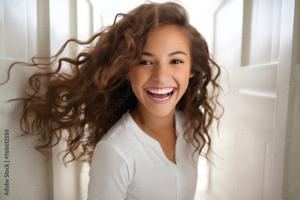 portrait of a beautiful girl in a home interior, opens the door, dressed in a white blouse