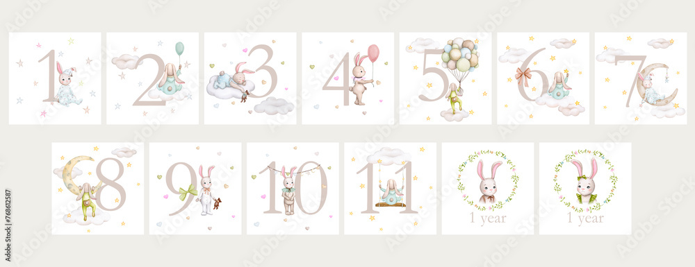 Set of of baby milestone cards. 12 months. Newborn boy or girl. Watercolor baby month anniversary card. Capture all the special moments of little one’s in their first year. One year old child..