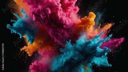 Colorful abstract background with burst of multicolor paint. Holi festival of colors celebration header design concept. Atristic wallpaper with clouds of colored smoke.