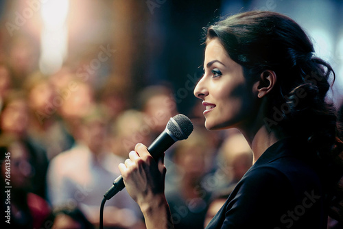 Indian woman holding microphone, addressing audience from the stage, making business presentation of a project