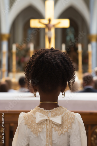 Girl with Black heritage in a white dress standing before a church altar adorned with candles and a crucifix. Back shot attending a religious service or ceremony. First communion concept.