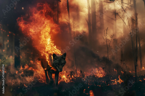 A wolf on fire tries to get out of a forest fire and smoke