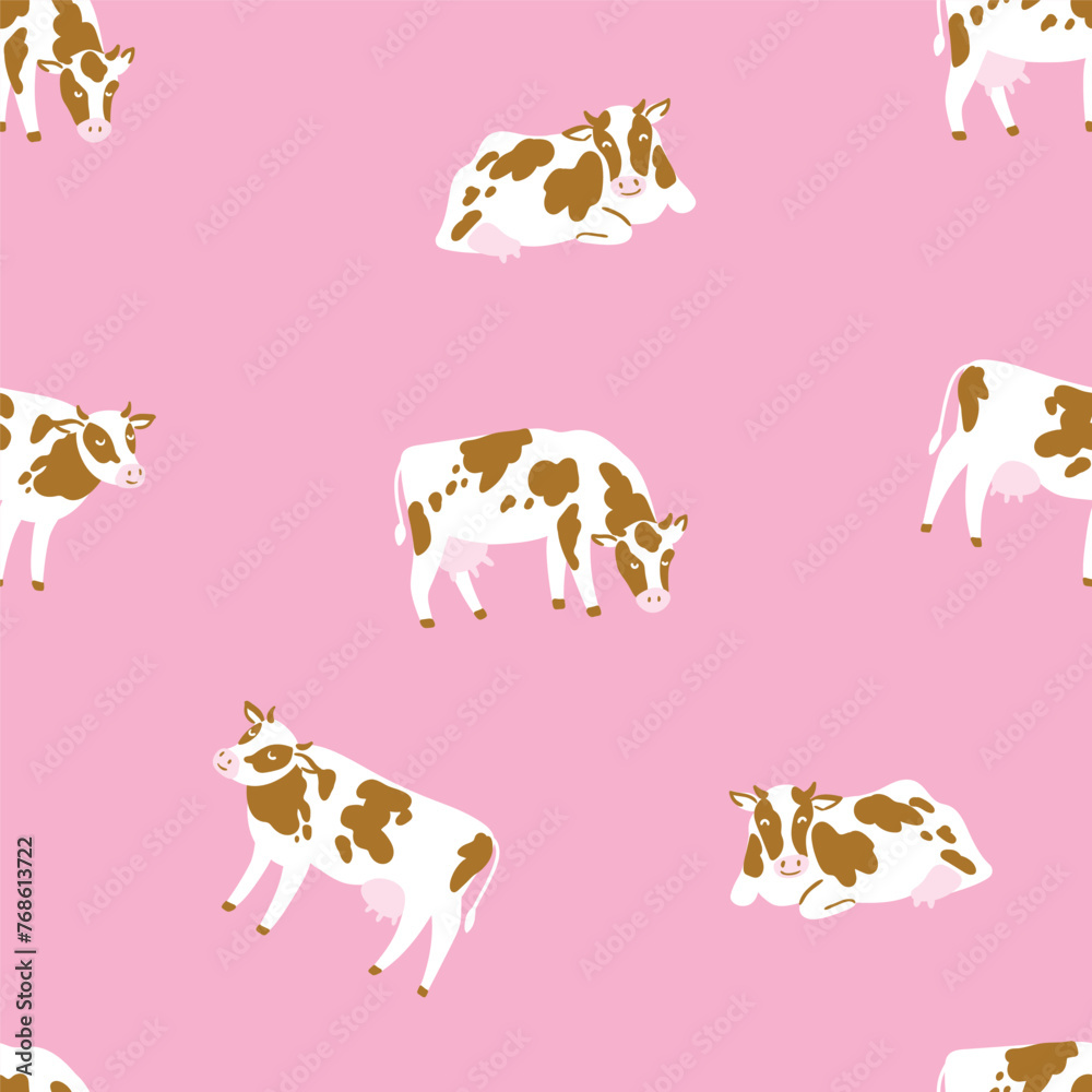 Vector cow seamless pattern. Cute cattle on pink  background.  Cow illustration for repeated fabric design. Simple and stylish farming pattern design. - obrazy, fototapety, plakaty 