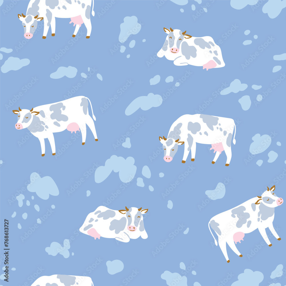 Vector cow seamless pattern. Cute cattle on blue background.  Cow illustration for repeated fabric design.  - obrazy, fototapety, plakaty 