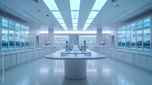Modern, spacious laboratory interior with sleek white surfaces, state-of-the-art equipment, and bright overhead lighting, featuring expansive counters and organized workstations.