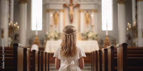 Girl with pale skin in a white gown standing at the church altar with candles and a crucifix. Back shot attending a religious service or ceremony. First communion concept. photo