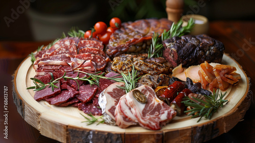 A wooden platter with various meat products including bacon, hungeons and salami. The background is a dark wood, and rosemary is on top for decoration. This photo was taken in the style of Canon EOS i