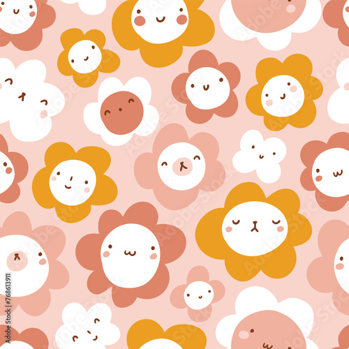 Happy and cute faces seamless pattern in hand-drawn style. Vector floral endless texture. Pink flower seamless pattern for kids fabric design.  © Utro na more