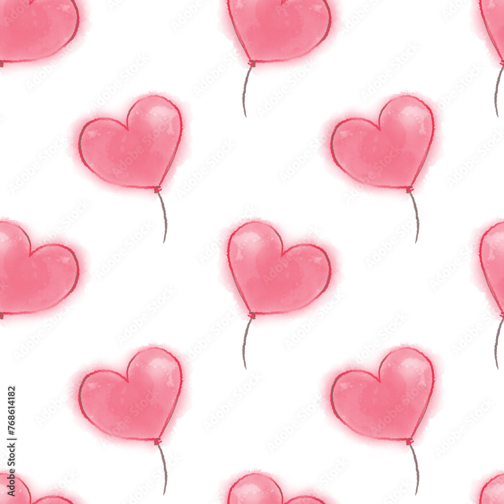 Seamless raster beautiful romantic gentle pattern with balloons in the form of a heart in a watercolor style on a white background for cards for Valentine's Day, wrapping paper, wallpaper, textiles.
