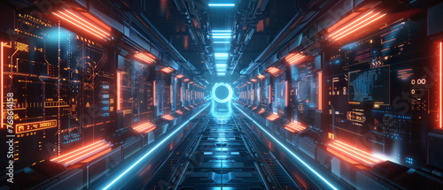 Futuristic server room with advanced glowing blue neon lights, technological corridor with digital data screens and glowing end portal, illustrating high-tech and cyber concepts. photo