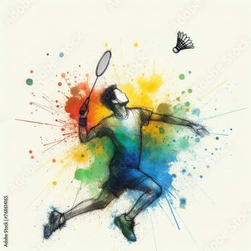 badminton player in watercolor paint illustration with Generative AI.