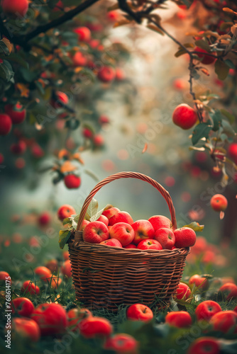 Generated imageWicker basket full of red apples on the ground in an orchard. Autumn harvest and organic fruit concept. Design for food magazine  agricultural business brochure  and fall season promoti
