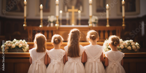 Crowd of girls dressed formally gathered near the church altar with lit candles and a crucifix. Back shot attending a religious service or ceremony. First communion concept. photo