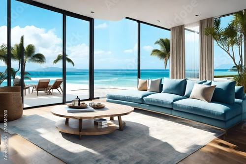 Luxury beach house. home interior space living room. sofa on wooden floor with ocean seaside blue sky view, sea beach, summer freshness travel season window view house design style.