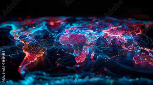 Illuminated digital network map of the world showcasing connectivity and data flow across continents, with glowing nodes and connection lines over a dark background. #768614534