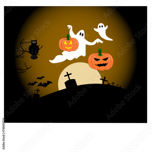 Silhouettes de manoir, fantome, citrouille, chouette, chauve-souris, cimetière, chat sur fond de clair de lune	