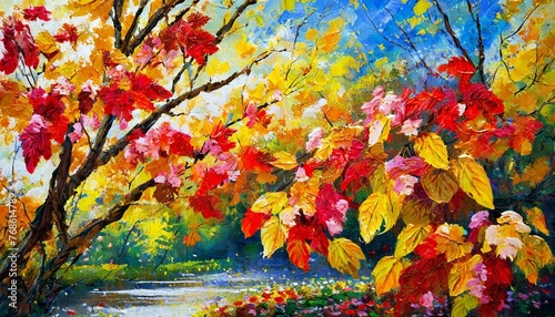 autumn landscape with trees  wallpaper texted Painting of a tree with colorful flowers in the autumn season. Oil color painting.