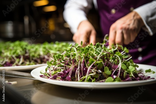 Dynamic plating. chefs skillful arrangement of microgreens for contrast and brightness