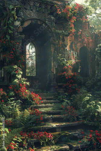 An enchanting overgrown ruin with flourishing red flowers and lush green foliage surrounding an ancient stone staircase leading to a weathered arched doorway.
