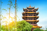 Yellow crane tower against blue sky in wuhan, China, the four Chinese characters mean 