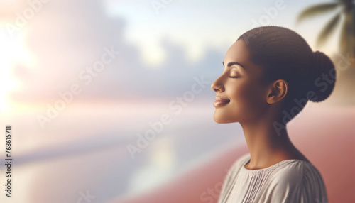 A woman with a radiant smile and gently closed eyes, capturing a moment of pure joy. She is outdoors, the background softly blurred to highlight her facial expression. There's plenty of copy space aro