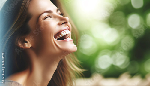 Women laughing heartily  with their heads thrown back in sincere happiness. The image captures the essence of a carefree  wonderful moment with plenty of copy space against a soft  natural background