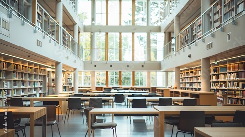 The interior of a public library, absent of visitors, emphasizes the tranquility of study spaces equipped with modern technology for learning photo