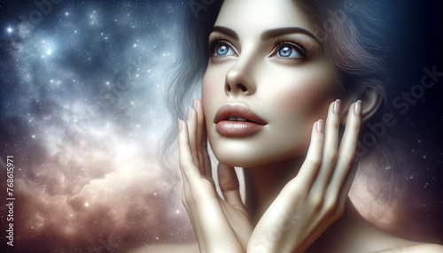 Close-up of a woman with an expression of awe  her hands gently touching her cheeks. The backdrop is a softly focused starry night sky  adding a touch of wonder to the scene.