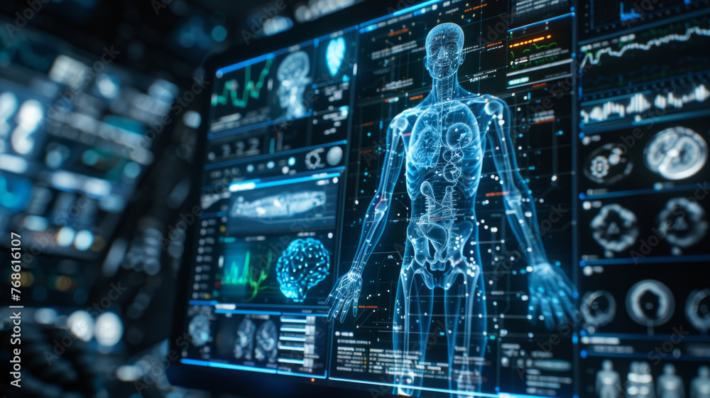 A futuristic medical interface displays a holographic human body with detailed anatomical structures and health data metrics. The advanced technology suggests a high-tech healthcare setting. - obrazy, fototapety, plakaty 