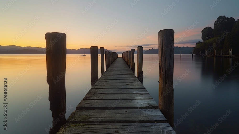 Tranquil sunset setting over a picturesque jetty, with the colors of dusk reflected against a clean white background, inviting viewers to immerse themselves in the beauty of nature.