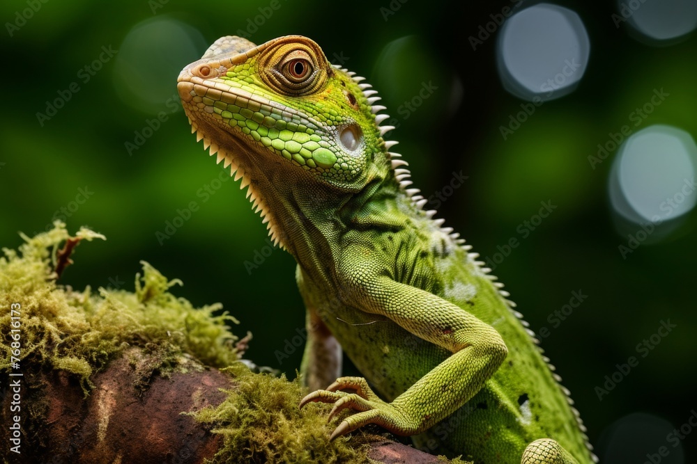 Close-up portrait of vibrant green lizard, ultra realistic detail in jungle with macro lens