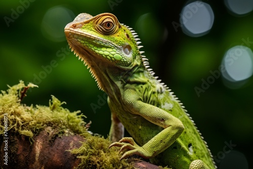 Close-up portrait of vibrant green lizard  ultra realistic detail in jungle with macro lens