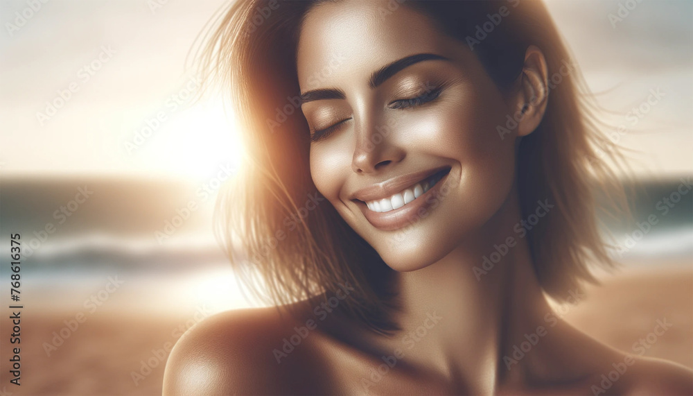 A woman with a radiant smile and gently closed eyes, capturing a moment of pure joy. She is outdoors, the background softly blurred to highlight her facial expression. There is plenty of copy space ar A woman with a radiant smile and gently closed eyes, capturing a moment of pure joy. She is outdoors, the background softly blurred to highlight her facial expression. There is plenty of copy space ar