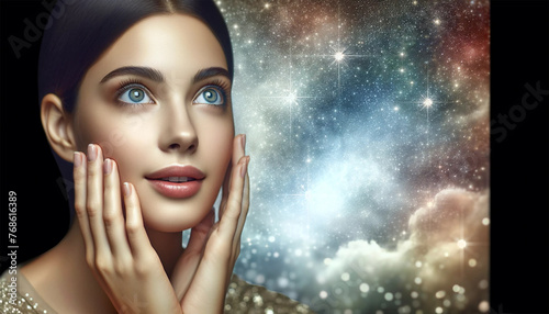 Close-up of a woman with an expression of awe, her hands gently touching her cheeks. The backdrop is a softly focused starry night sky, adding a touch of wonder to the scene. photo