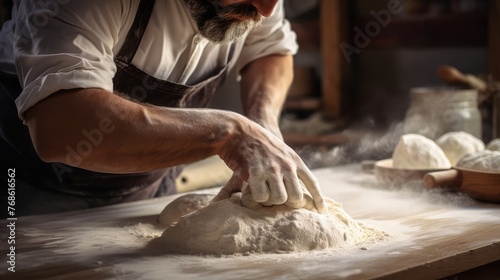 Close up of a baker kneading with his hands to prepare the bread to put in the oven. Concept of: artisan, baker, raw materials, love for food and traditions