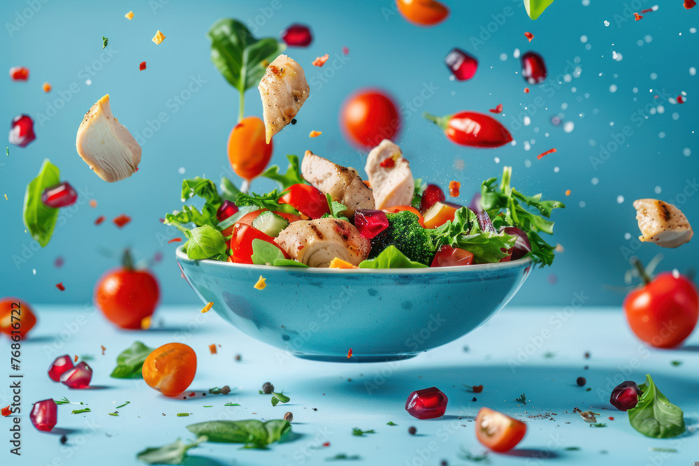 A dynamic image capturing a healthy salad with chicken, greens, and tomatoes mid-air, vibrant colors A dynamic image capturing a healthy salad with chicken, greens, and tomatoes mid-air, vibrant colors