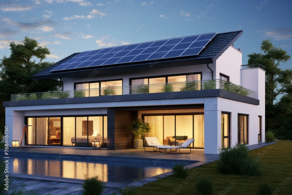 Modern house with solar panels on the roof.  Sun energy, Renewable Energies, photovoltaic solar panels, Renewable energy concept