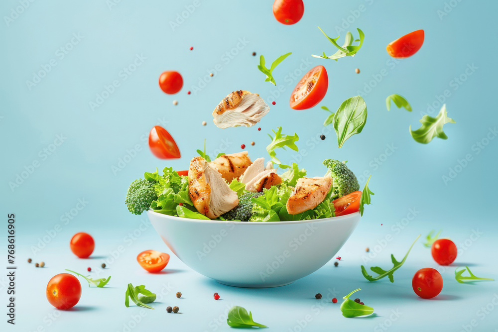 A vibrant image capturing a bowl of fresh salad with ingredients suspended mid-air, showcasing a healthy meal option A vibrant image capturing a bowl of fresh salad with ingredients suspended mid-air, showcasing a healthy meal option