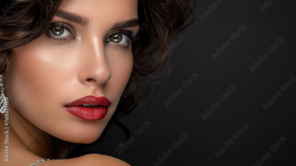 Charming woman with striking red lipstick and elegant earrings, showcasing a bold and confident look Charming woman with striking red lipstick and elegant earrings, showcasing a bold and confident look