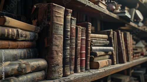 Timeless tales and scholarly works line the wooden shelf, a snapshot of literary heritage photo