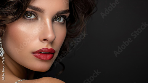 Charming woman with striking red lipstick and elegant earrings, showcasing a bold and confident look