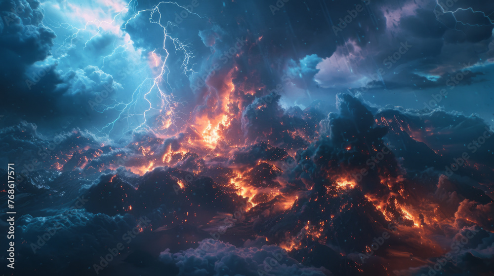 A dramatic and surreal landscape showcasing a violent clash between raging fire among mountains and intense lightning in a stormy sky. - obrazy, fototapety, plakaty 