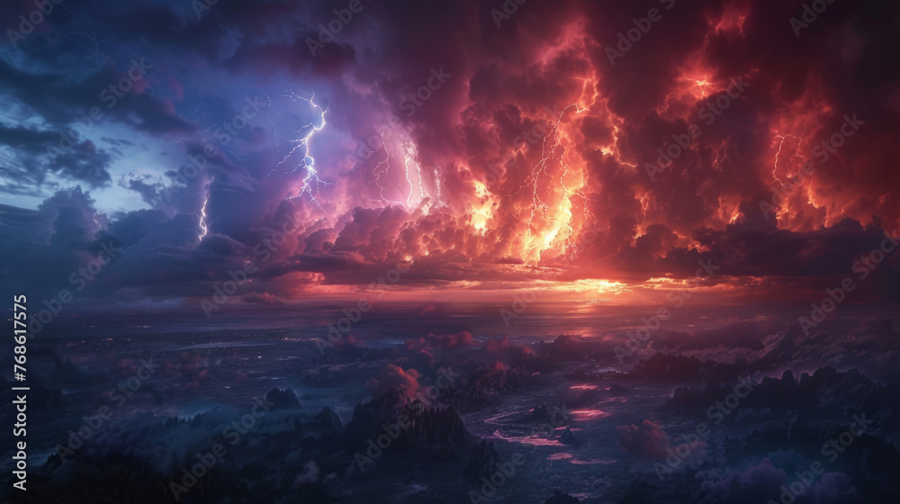A dramatic landscape showcasing a vivid display of lightning striking through vibrant red clouds during sunset, illuminating a vast terrain below.