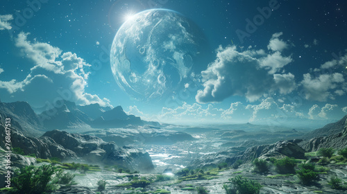 A digital art landscape of a fantastical scene with a massive planet looming over a rocky terrain with rivers and lush greenery under a starry sky. © ChubbyCat