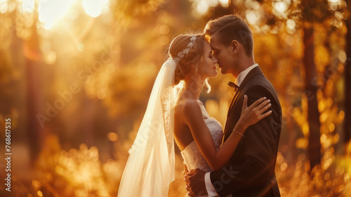 A bride and groom sharing a kiss surrounded by trees in autumn woodland setting