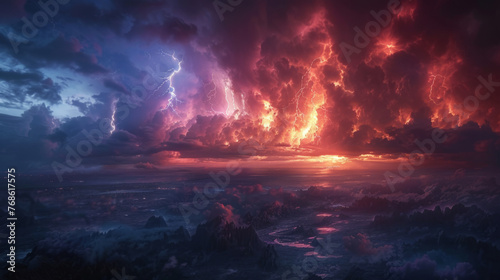 A dramatic landscape showcasing a vivid display of lightning striking through vibrant red clouds during sunset  illuminating a vast terrain below.