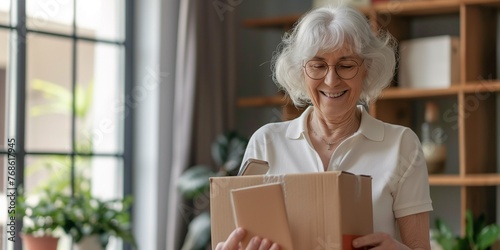 A happy senior citizen who is retired and uses a mobile application, a post delivery service, a carton box, packing containers for transit, and courier services photo
