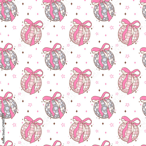 Coquette Disco ball cherry seamless pattern © Natsicha
