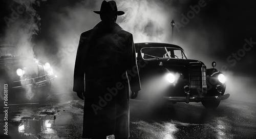 A man stands next to a car in the rain, raindrops falling around them as they look out into the distance