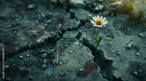 A single daisy emerges through cracked, dry soil, symbolizing hope and resilience in a harsh environment.